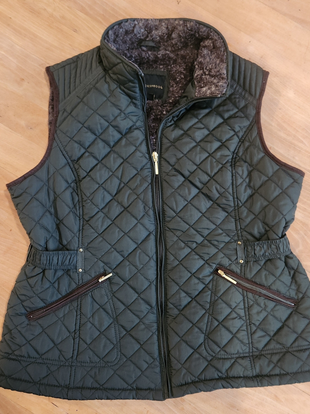 Weatherproof Quilted Vest with Faux-Fur Lining - Olive Green